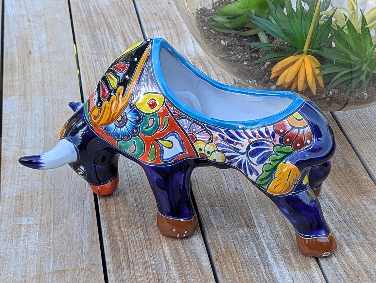 Talavera Bull Planter | Handmade Mexican Pottery Flower Pot | Garden Decoration