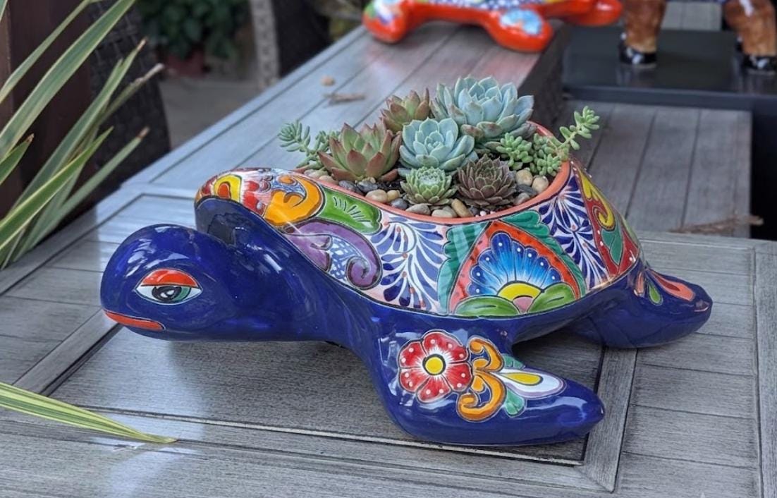 Talavera Turtle Planter | Handmade Mexican Pottery Flower Pot | Garden Decoration
