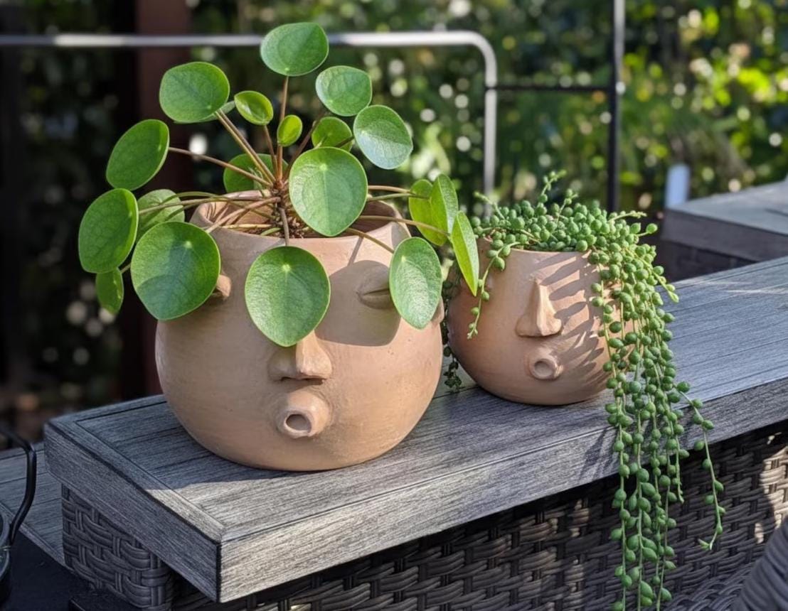 Whistling Round Face Planter Bundles | Handmade Artisan Pottery of Atzompa, Mexico  | Beige Flower Pots