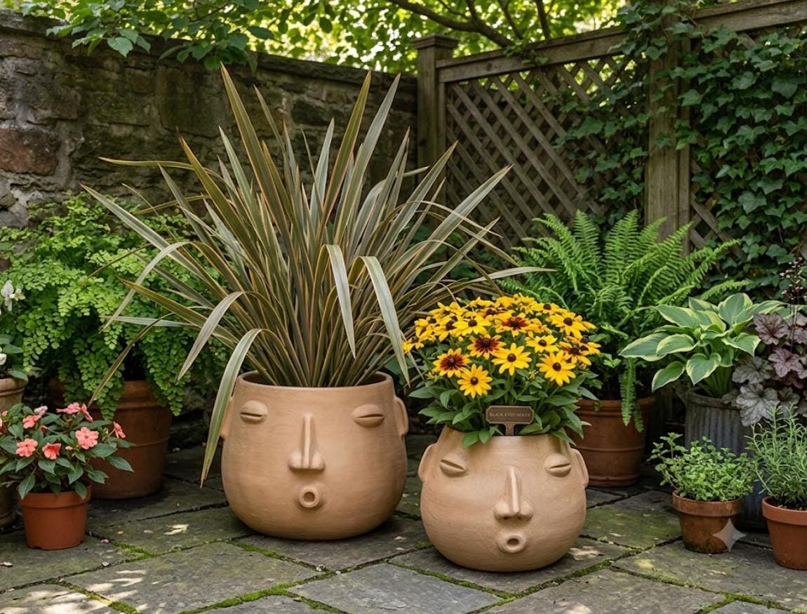 Whistling Round Face Planter Bundles | Handmade Artisan Pottery of Atzompa, Mexico  | Beige Flower Pots