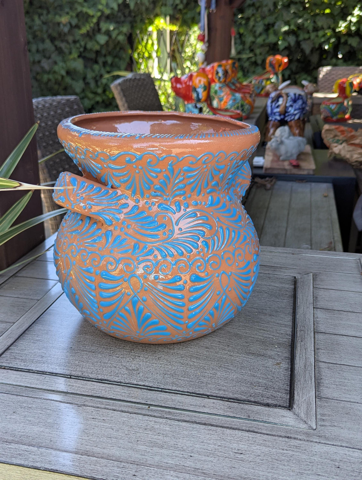 Turquoise Sunburst Planter | 10.5" Mexican Handmade Hand Painted Plant Pot