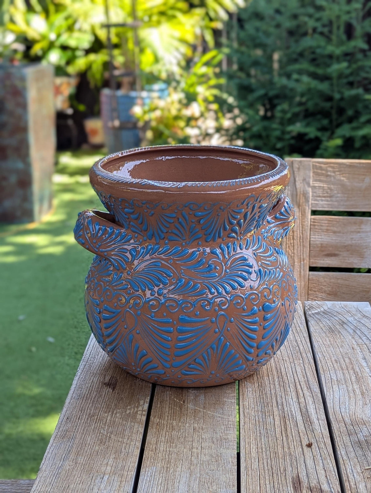 Turquoise Sunburst Planter | 10.5" Mexican Handmade Hand Painted Plant Pot