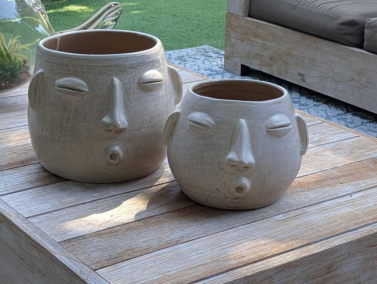 White Round Whistler Ceramic Face Planter | Handmade Mexican Clay Pottery