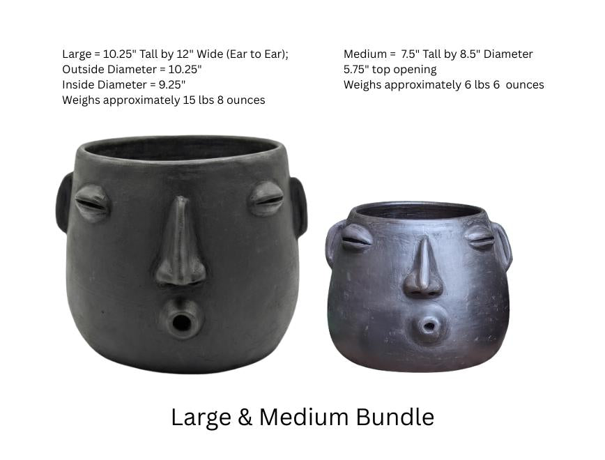Whistling Round Face Planter Bundles | Handmade Artisan Pottery of Atzompa, Mexico  | Black Flower Pot