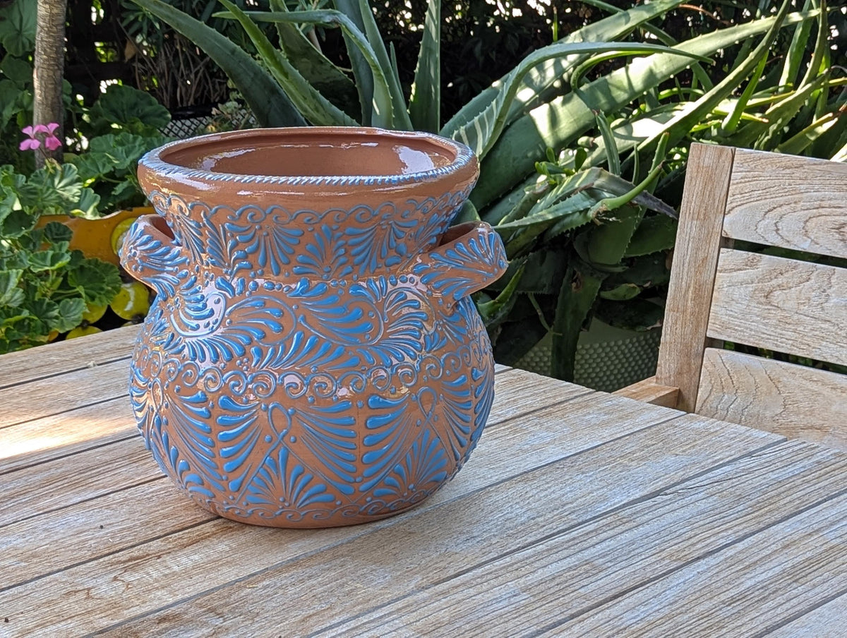 Turquoise Sunburst Planter | 10.5" Mexican Handmade Hand Painted Plant Pot
