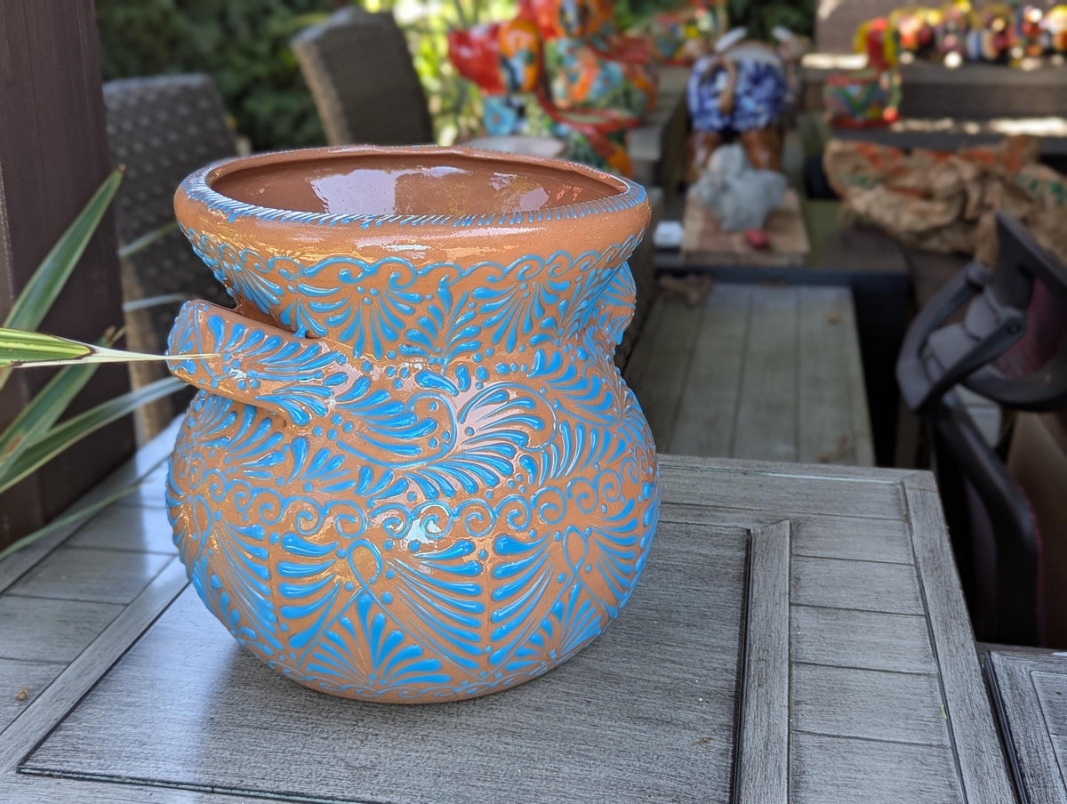 Turquoise Sunburst Planter | 10.5" Mexican Handmade Hand Painted Plant Pot