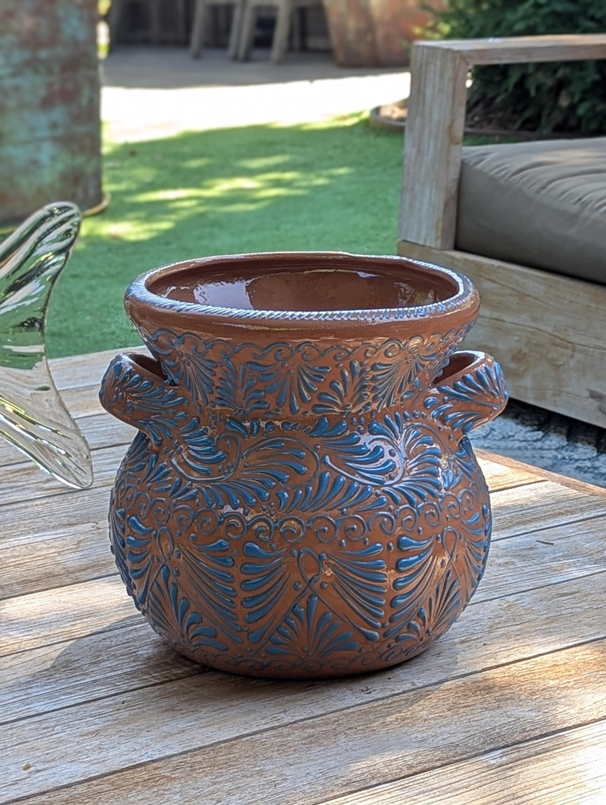 Turquoise Sunburst Planter | 10.5" Mexican Handmade Hand Painted Plant Pot