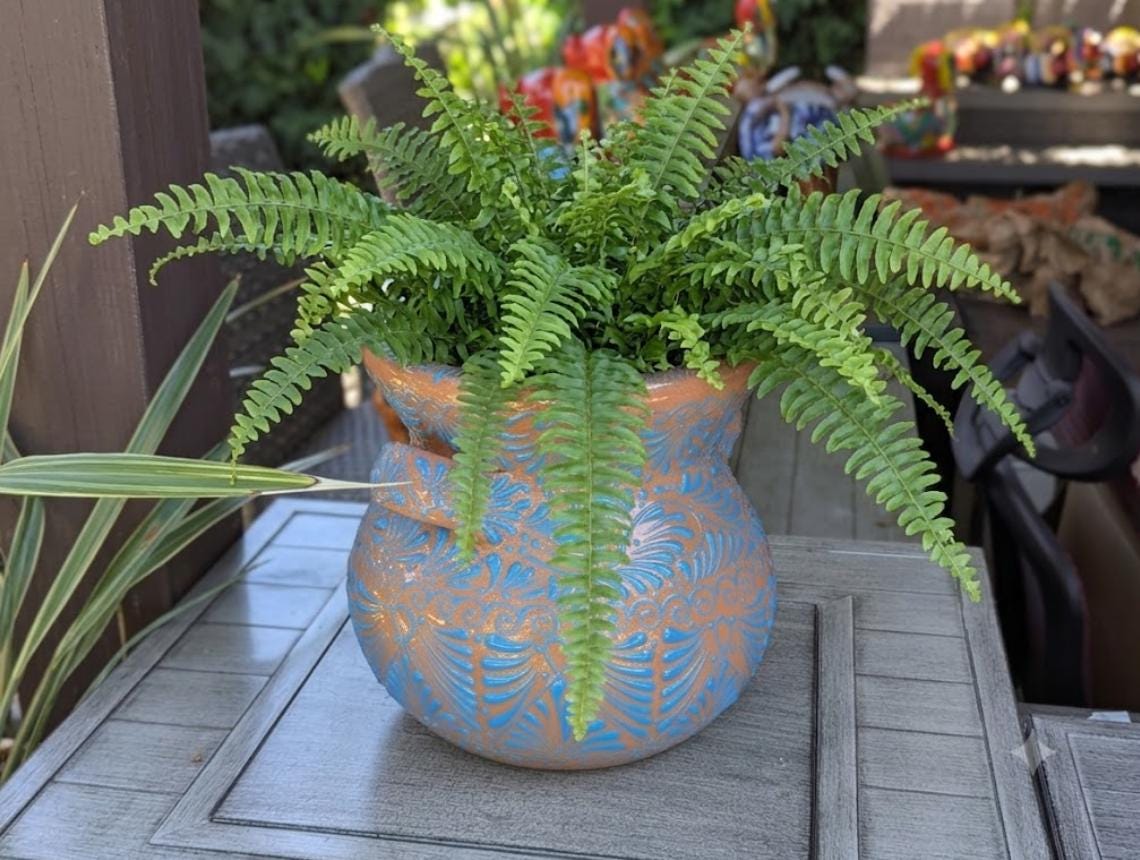 Turquoise Sunburst Planter | 10.5" Mexican Handmade Hand Painted Plant Pot