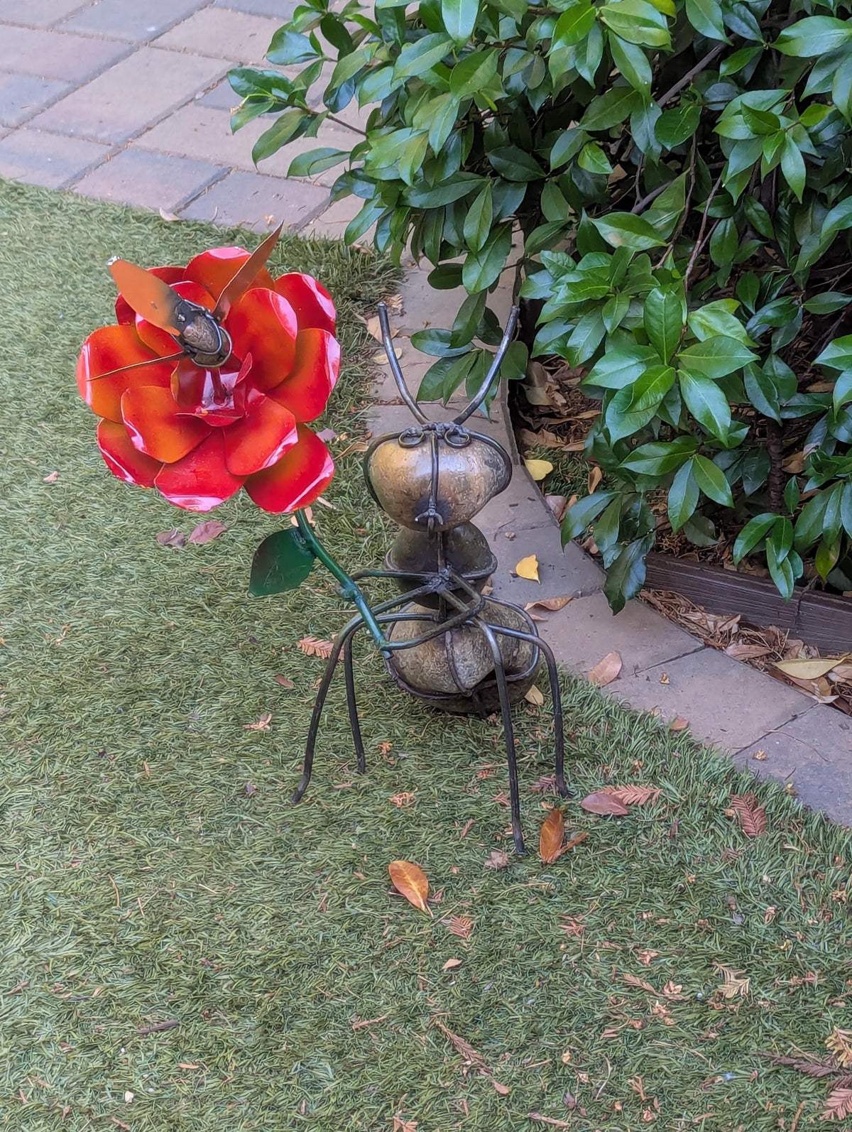 Ant Yard Art | Hand-Painted Metal Flower, Hummingbird, Stone Statue | Mexican Garden Decor