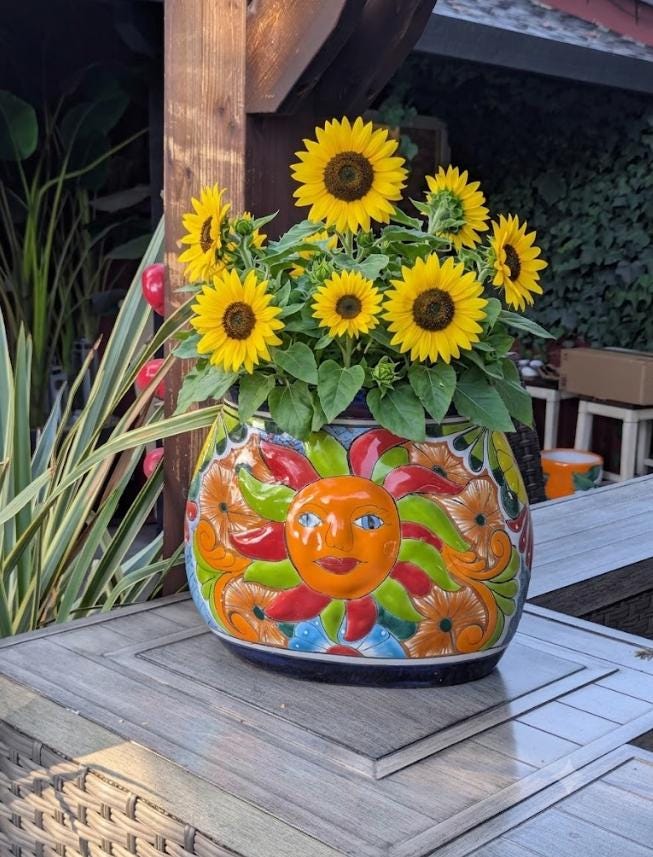 Talavera Sun Planter | Mexican Flower Pot | Handmade Ceramic Decor | Outdoor Yard Art