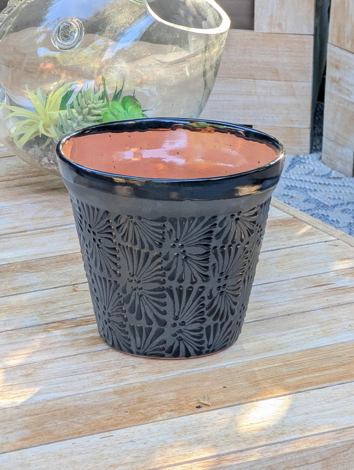 Hand Etched Floral Planter | Mexican Terracotta Flower Pot | Boho Garden Decor