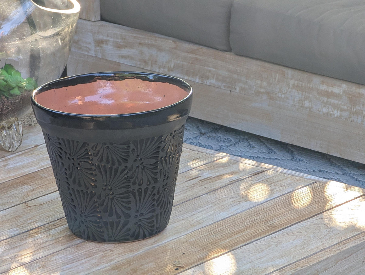 Hand Etched Floral Planter | Mexican Terracotta Flower Pot | Boho Garden Decor