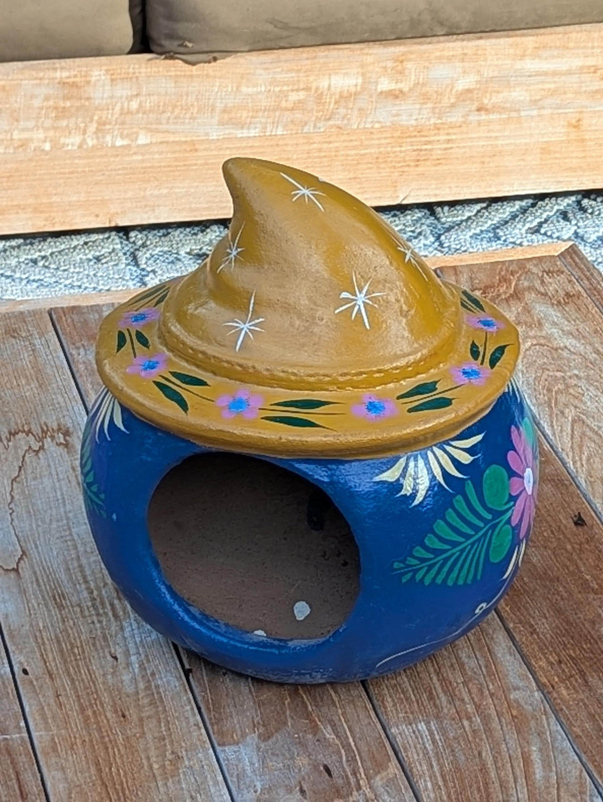 Hand Painted Clay Pumpkin Halloween Decor | Blue Jack O Lantern Mexican Talavera Candle Holder