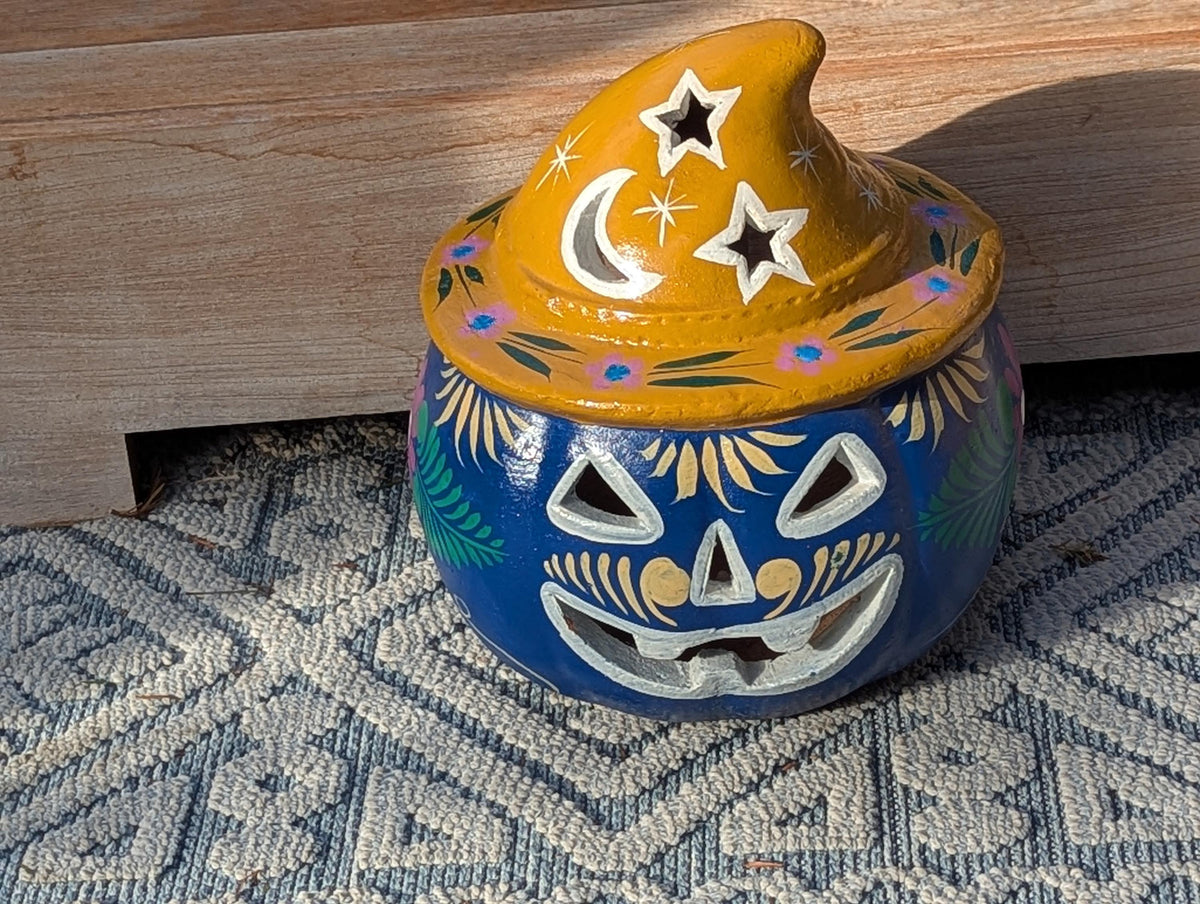 Hand Painted Clay Pumpkin Halloween Decor | Blue Jack O Lantern Mexican Talavera Candle Holder