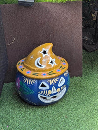 Hand Painted Clay Pumpkin Halloween Decor | Blue Jack O Lantern Mexican Talavera Candle Holder