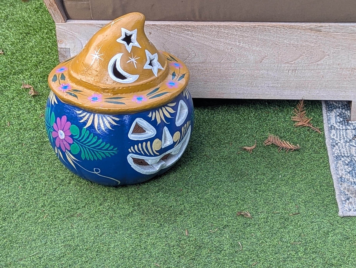 Hand Painted Clay Pumpkin Halloween Decor | Blue Jack O Lantern Mexican Talavera Candle Holder