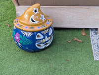 Hand Painted Clay Pumpkin Halloween Decor | Blue Jack O Lantern Mexican Talavera Candle Holder