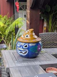 Hand Painted Clay Pumpkin Halloween Decor | Blue Jack O Lantern Mexican Talavera Candle Holder