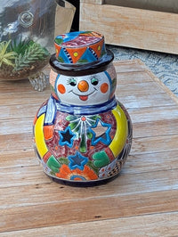 Handmade Talavera Snowman Figurine | Hand Painted Ceramic Mexican Pottery | Holiday Centerpiece Decor