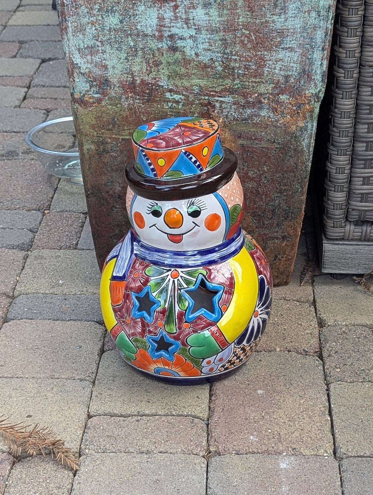 Handmade Talavera Snowman Figurine | Hand Painted Ceramic Mexican Pottery | Holiday Centerpiece Decor