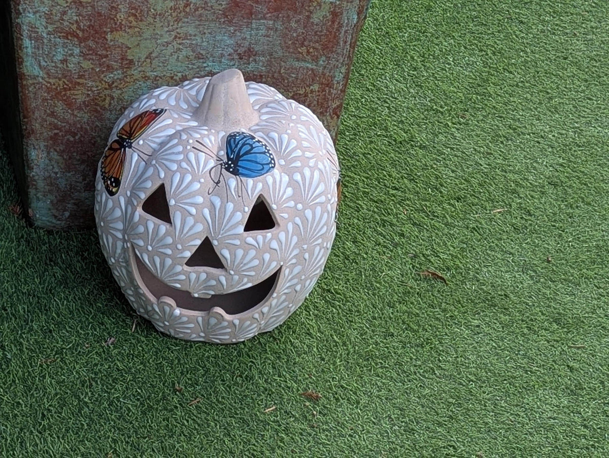 Hand Painted Halloween Pumpkin Decor | Butterfly Floral Jack-o-Lantern  | Mexican Pottery Candle Holder