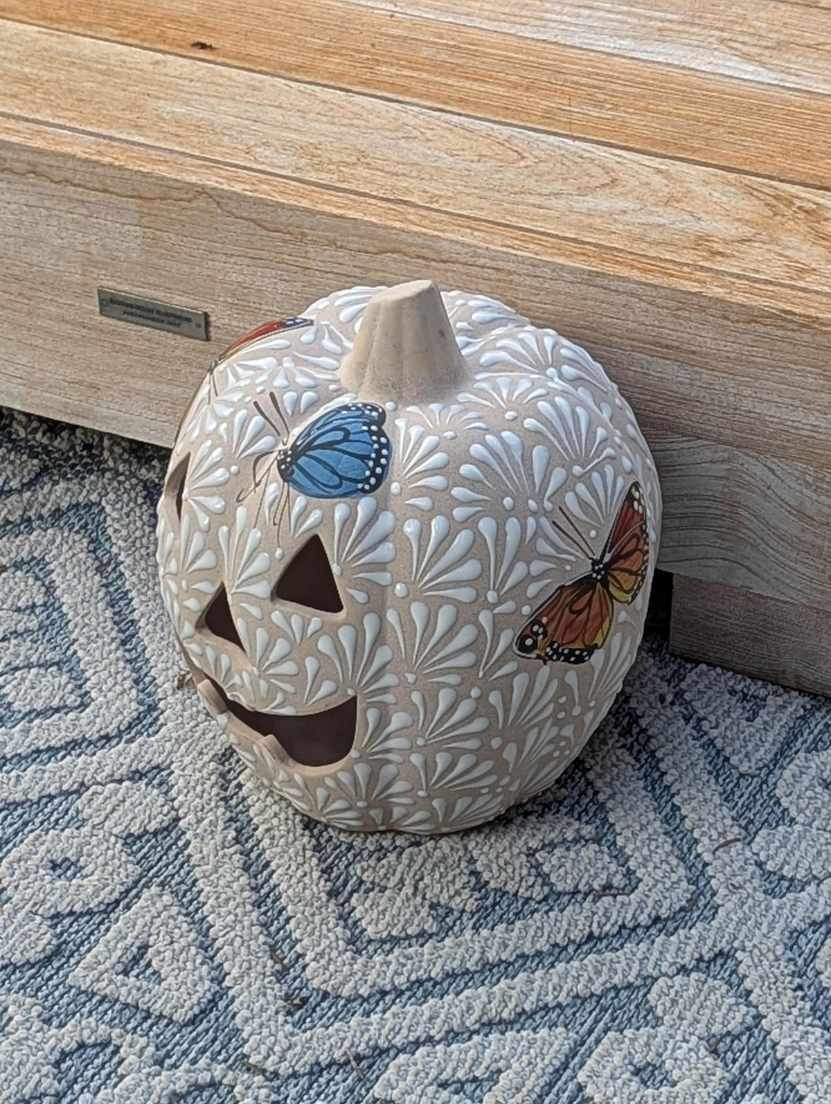 Hand Painted Halloween Pumpkin Decor | Butterfly Floral Jack-o-Lantern  | Mexican Pottery Candle Holder