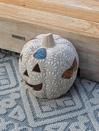 Hand Painted Halloween Pumpkin Decor | Butterfly Floral Jack-o-Lantern  | Mexican Pottery Candle Holder