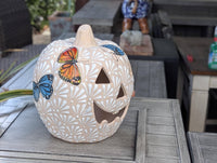 Hand Painted Halloween Pumpkin Decor | Butterfly Floral Jack-o-Lantern  | Mexican Pottery Candle Holder