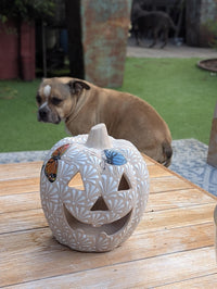 Hand Painted Halloween Pumpkin Decor | Butterfly Floral Jack-o-Lantern  | Mexican Pottery Candle Holder