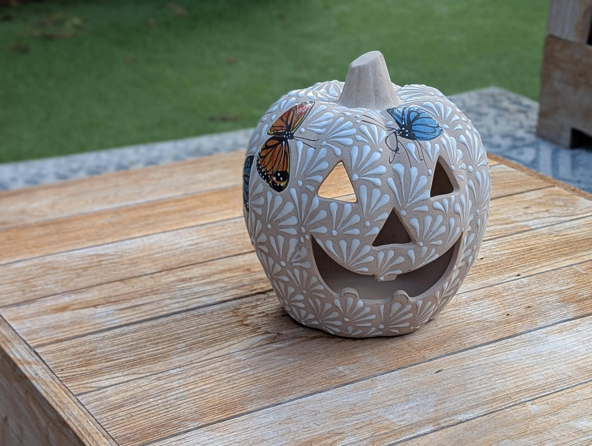 Hand Painted Halloween Pumpkin Decor | Butterfly Floral Jack-o-Lantern  | Mexican Pottery Candle Holder