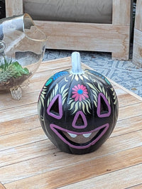 Black Halloween Pumpkin Decor | Hand Painted Jack-o-Lantern | Mexican Pottery Candle Holder