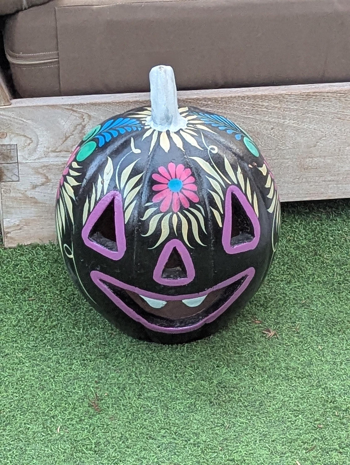 Black Halloween Pumpkin Decor | Hand Painted Jack-o-Lantern | Mexican Pottery Candle Holder