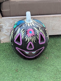 Black Halloween Pumpkin Decor | Hand Painted Jack-o-Lantern | Mexican Pottery Candle Holder