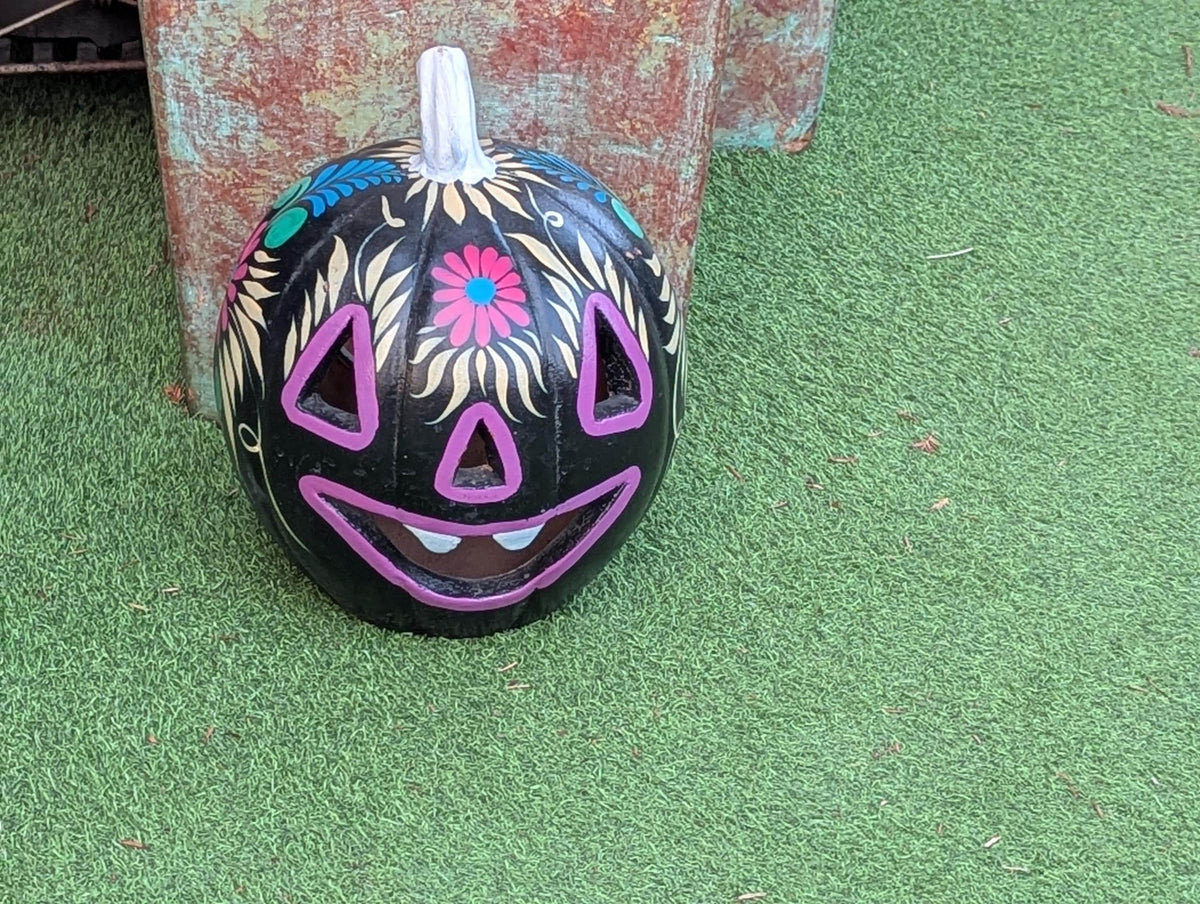 Black Halloween Pumpkin Decor | Hand Painted Jack-o-Lantern | Mexican Pottery Candle Holder