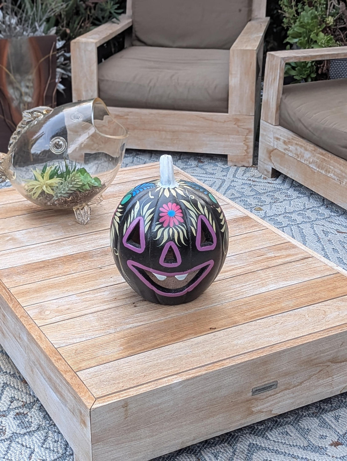 Black Halloween Pumpkin Decor | Hand Painted Jack-o-Lantern | Mexican Pottery Candle Holder