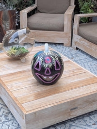 Black Halloween Pumpkin Decor | Hand Painted Jack-o-Lantern | Mexican Pottery Candle Holder