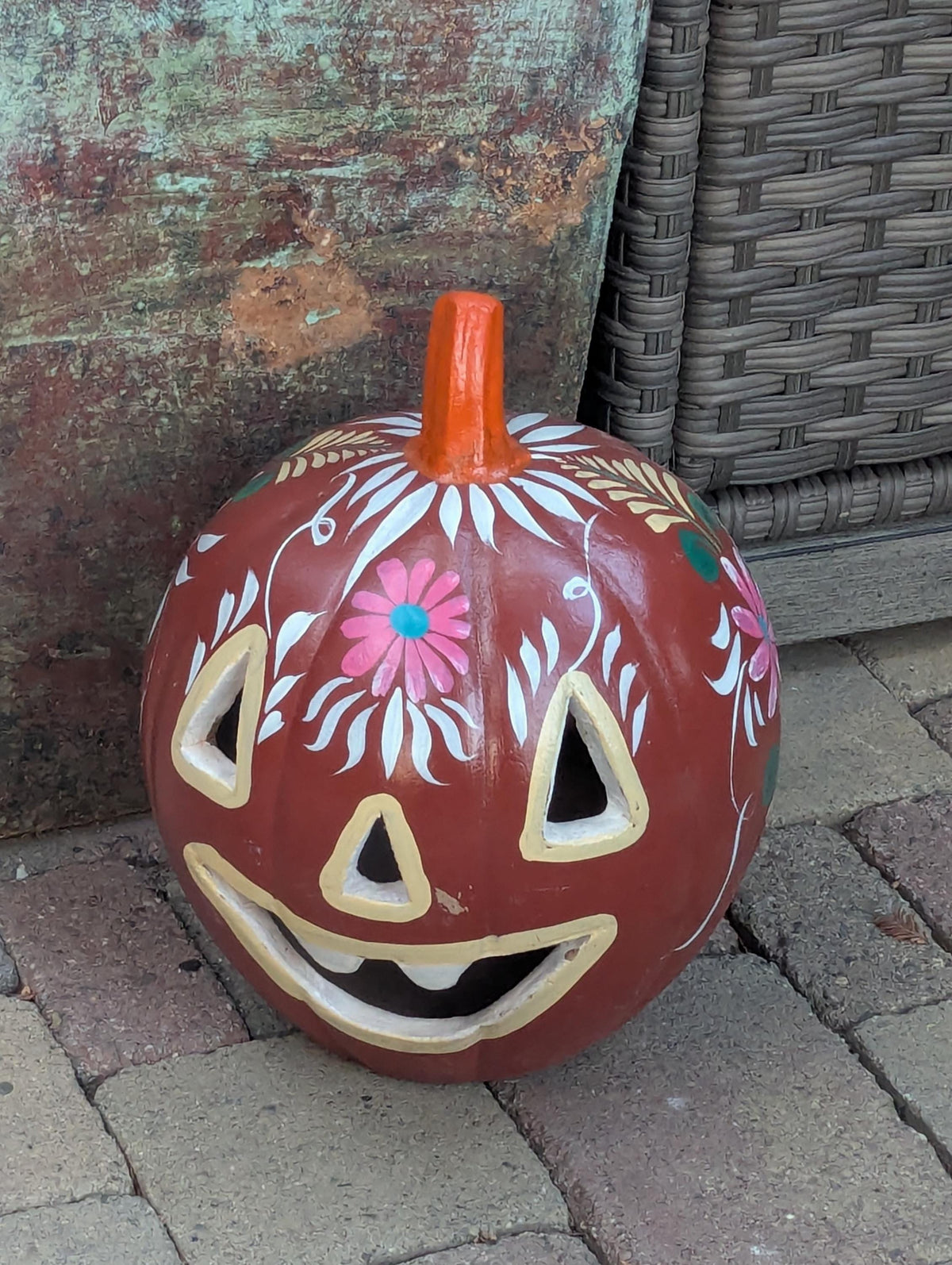 Halloween Pumpkin Decor | Hand Painted Jack-o-Lantern | Mexican Pottery Candle Holder