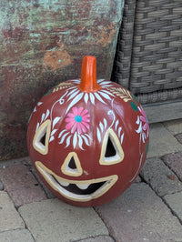 Halloween Pumpkin Decor | Hand Painted Jack-o-Lantern | Mexican Pottery Candle Holder