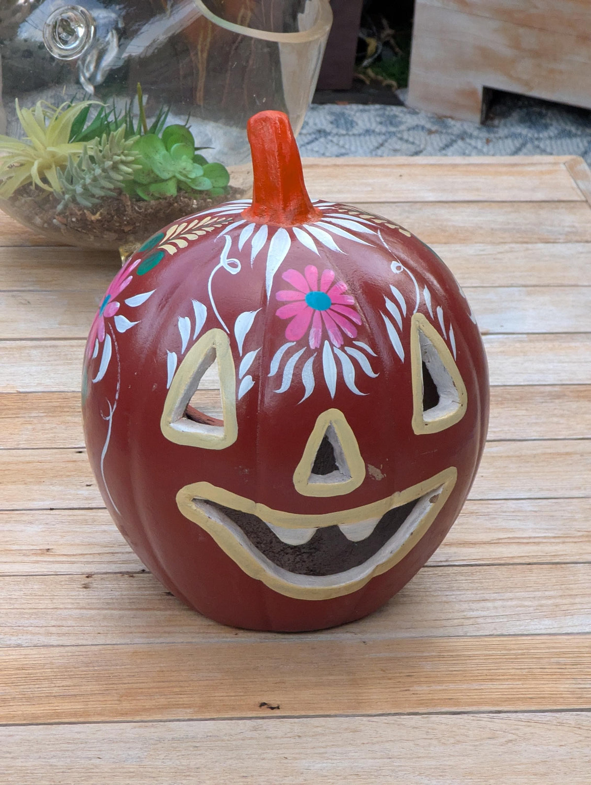 Halloween Pumpkin Decor | Hand Painted Jack-o-Lantern | Mexican Pottery Candle Holder