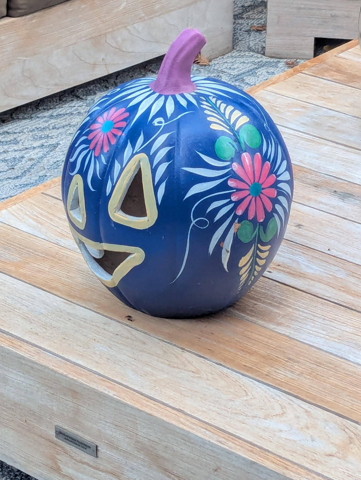 Blue Halloween Pumpkin Decor | Hand Painted Jack-o-Lantern | Mexican Pottery Candle Holder