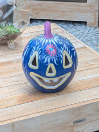 Blue Halloween Pumpkin Decor | Hand Painted Jack-o-Lantern | Mexican Pottery Candle Holder