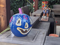 Blue Halloween Pumpkin Decor | Hand Painted Jack-o-Lantern | Mexican Pottery Candle Holder