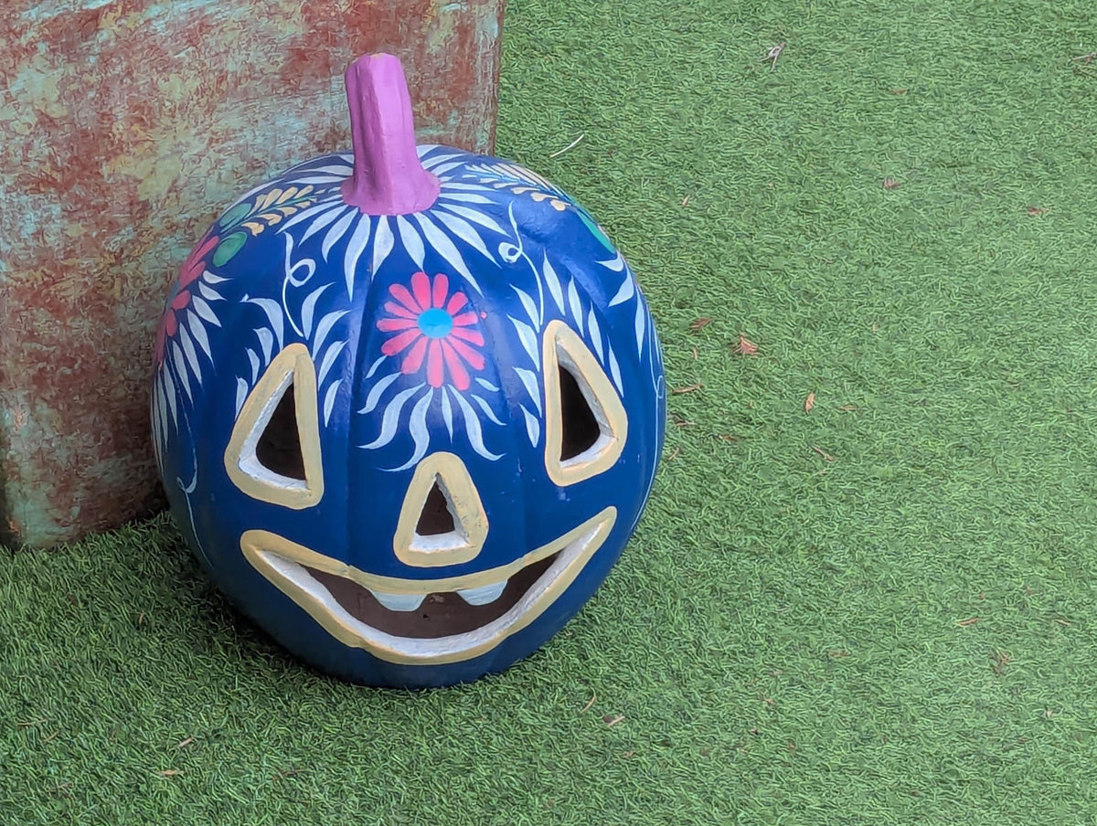 Blue Halloween Pumpkin Decor | Hand Painted Jack-o-Lantern | Mexican Pottery Candle Holder
