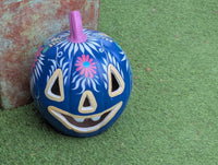 Blue Halloween Pumpkin Decor | Hand Painted Jack-o-Lantern | Mexican Pottery Candle Holder
