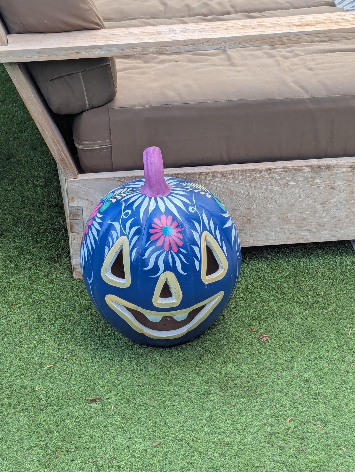 Blue Halloween Pumpkin Decor | Hand Painted Jack-o-Lantern | Mexican Pottery Candle Holder