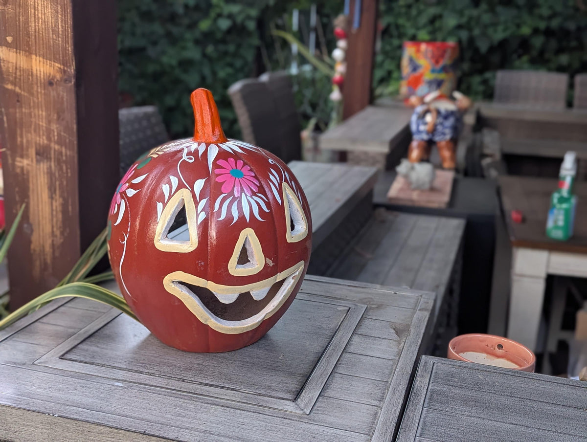 Halloween Pumpkin Decor | Hand Painted Jack-o-Lantern | Mexican Pottery Candle Holder