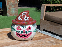 Clay Pumpkin Halloween Decor | Hand Painted Beige Jack O Lantern Mexican Talavera Candle Holder