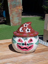 Clay Pumpkin Halloween Decor | Hand Painted Beige Jack O Lantern Mexican Talavera Candle Holder
