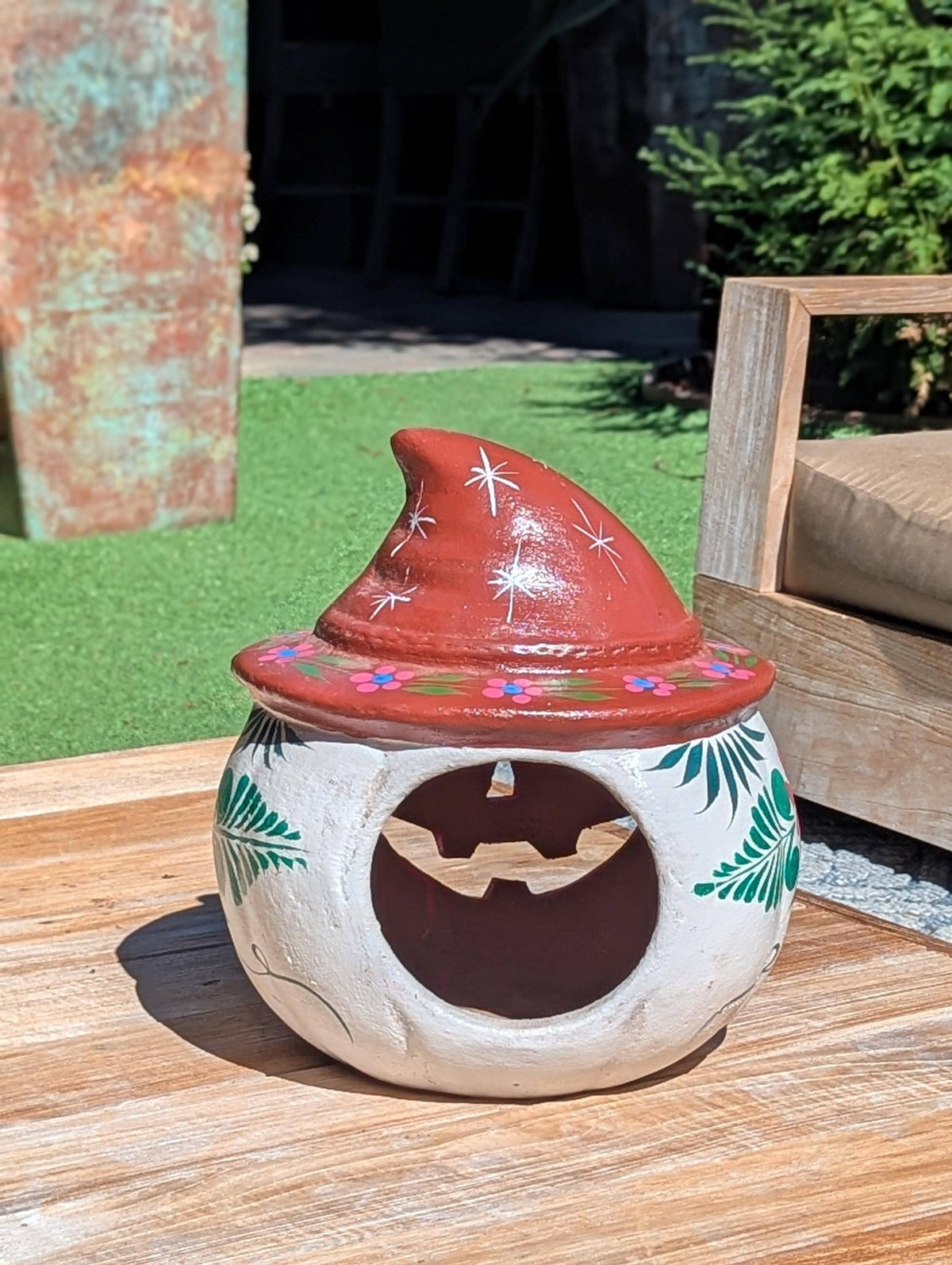 Clay Pumpkin Halloween Decor | Hand Painted Beige Jack O Lantern Mexican Talavera Candle Holder