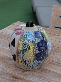Halloween Pumpkin Decor | Hand Painted Butterfly Floral Jack-o-Lantern  | Mexican Pottery Candle Holder